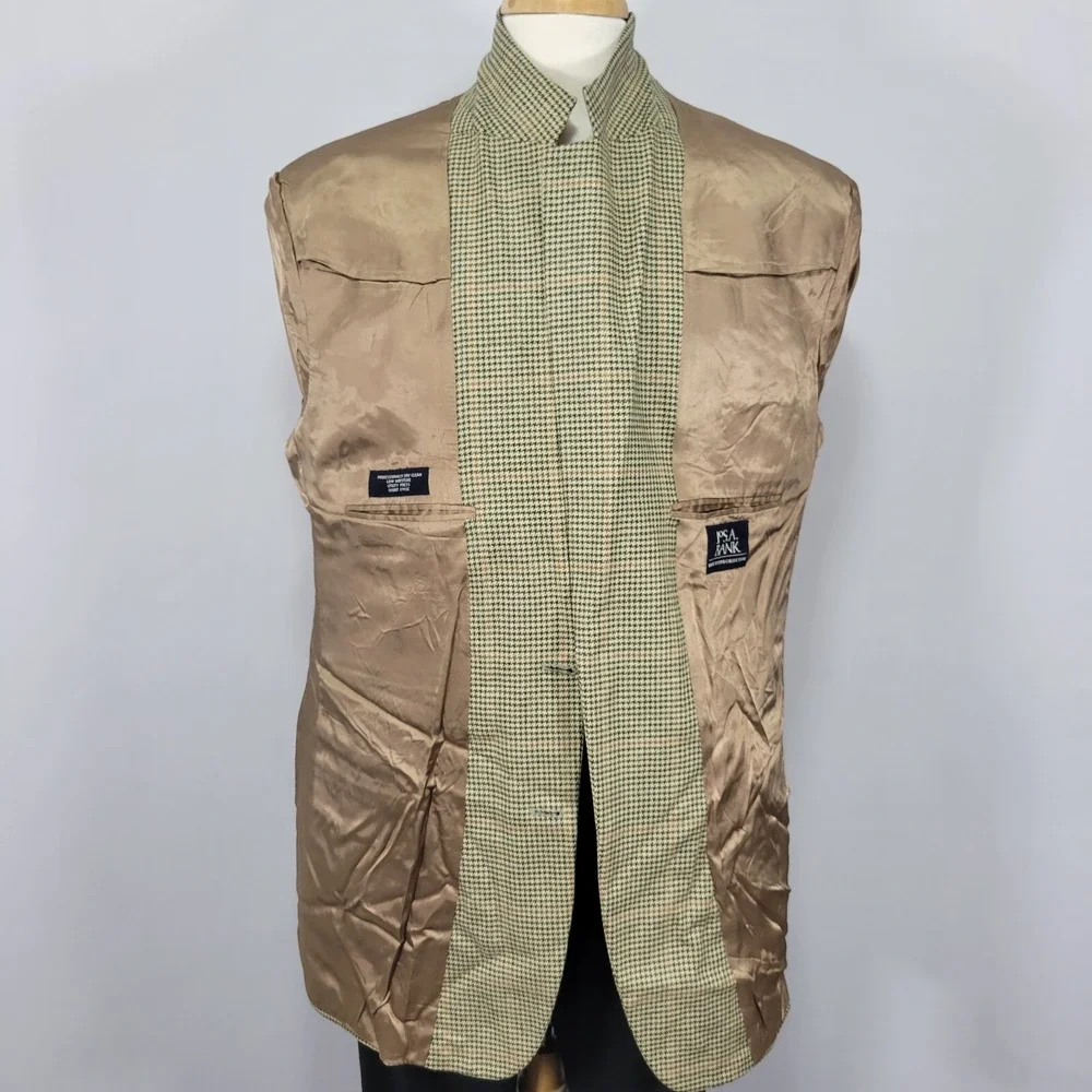 JOS A BANK‎ Men's Sport Coat Blazer Two Button Beige Houndstooth Wool Size 46L